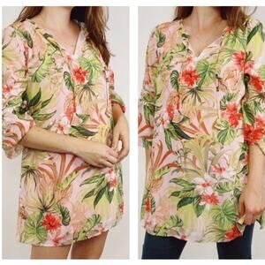 J Jill Hawaiian Tropical Print V-Neck Tunic Dress Women's Size XL Pink /Green